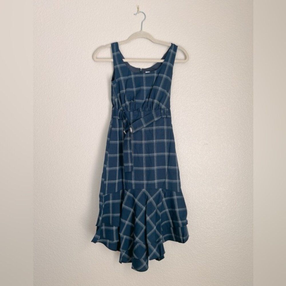 Great Jones Navy Plaid sleeveless flounce hem belted Dress Small - Picture 7 of 10